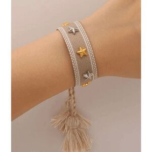 Nude and White Striped Woven Silver and Gold Star Friendship Bracelet
